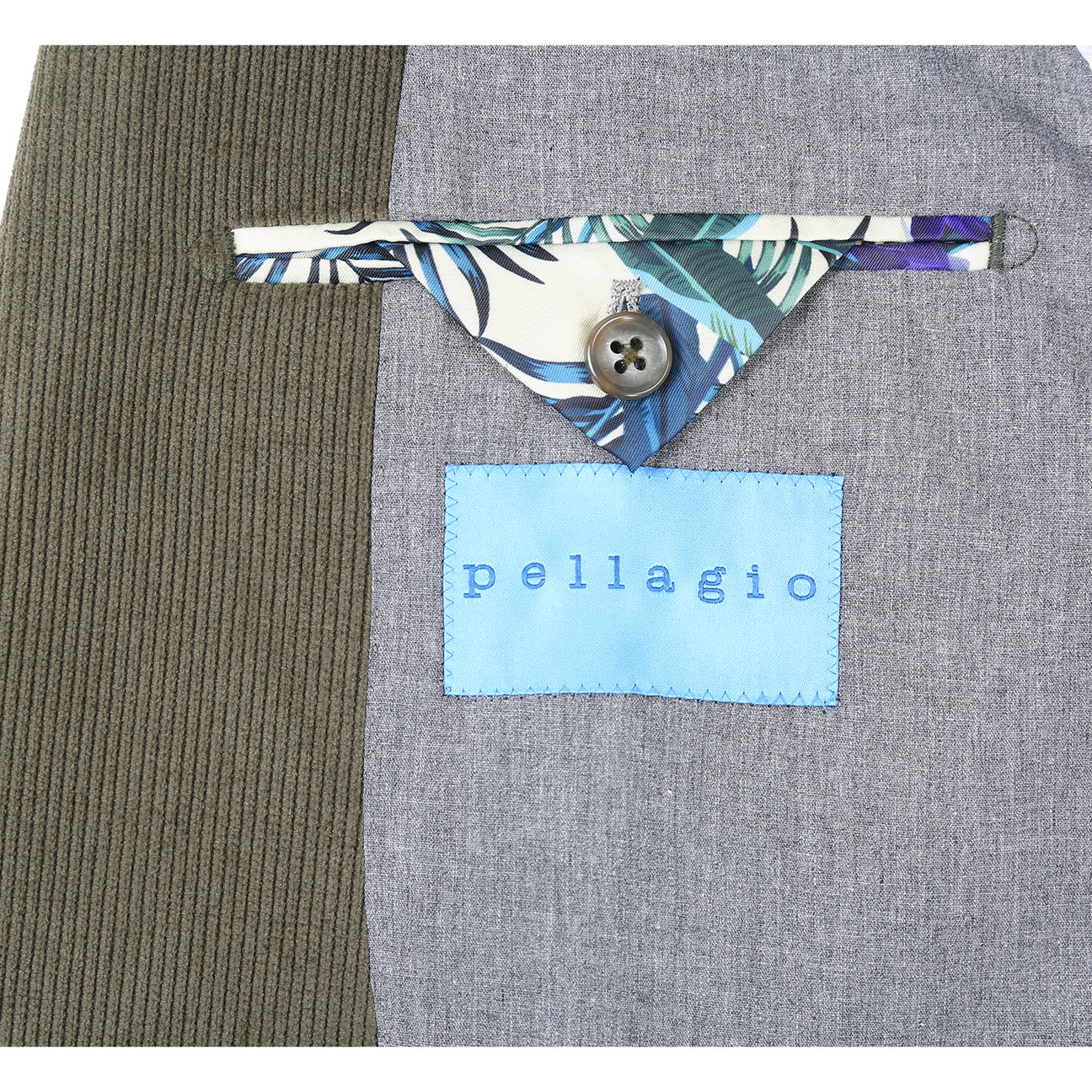 Pellagio Men's Half Canvas Blazer Olive PF24-8 by Pellagio features a slim fit, notched lapel, two-button closure, front patch pockets, and is paired with a striped tie, white dress shirt, and patterned pocket square in the chest pocket.