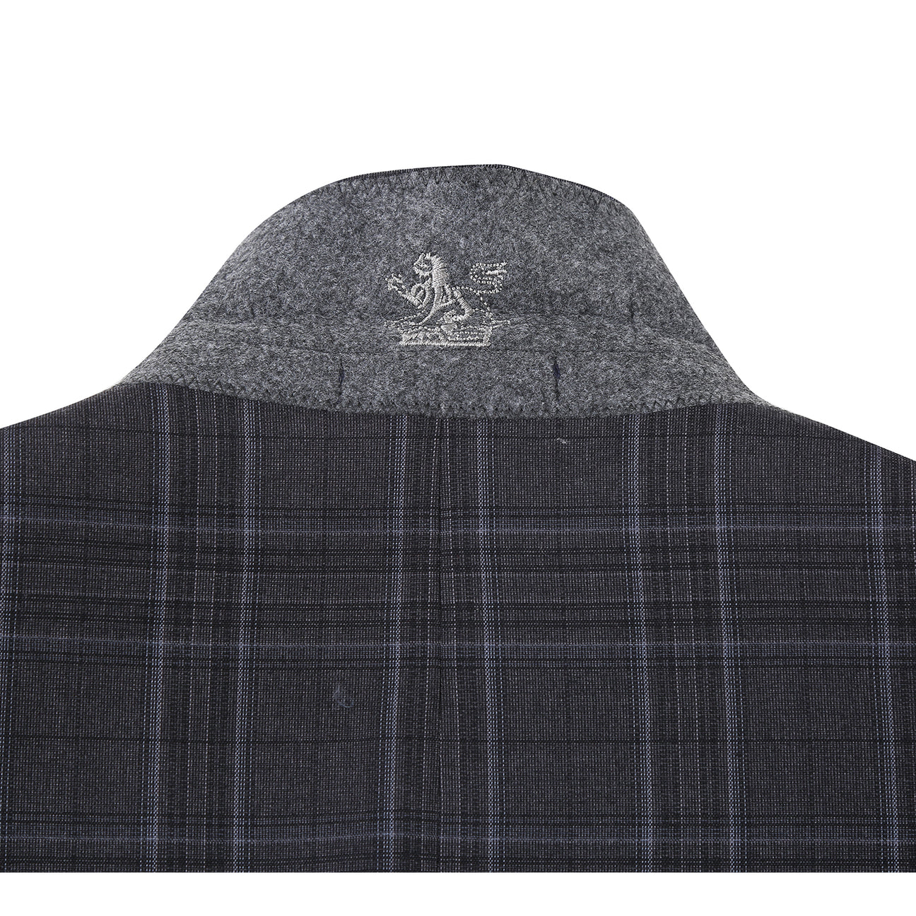 The ENGLISH LAUNDRY Dark Gray Check Suit 22-57-095EL by English Laundry features a slim fit, black and gray plaid design with a two-button closure, styled over a white shirt and blue patterned tie on a mannequin.