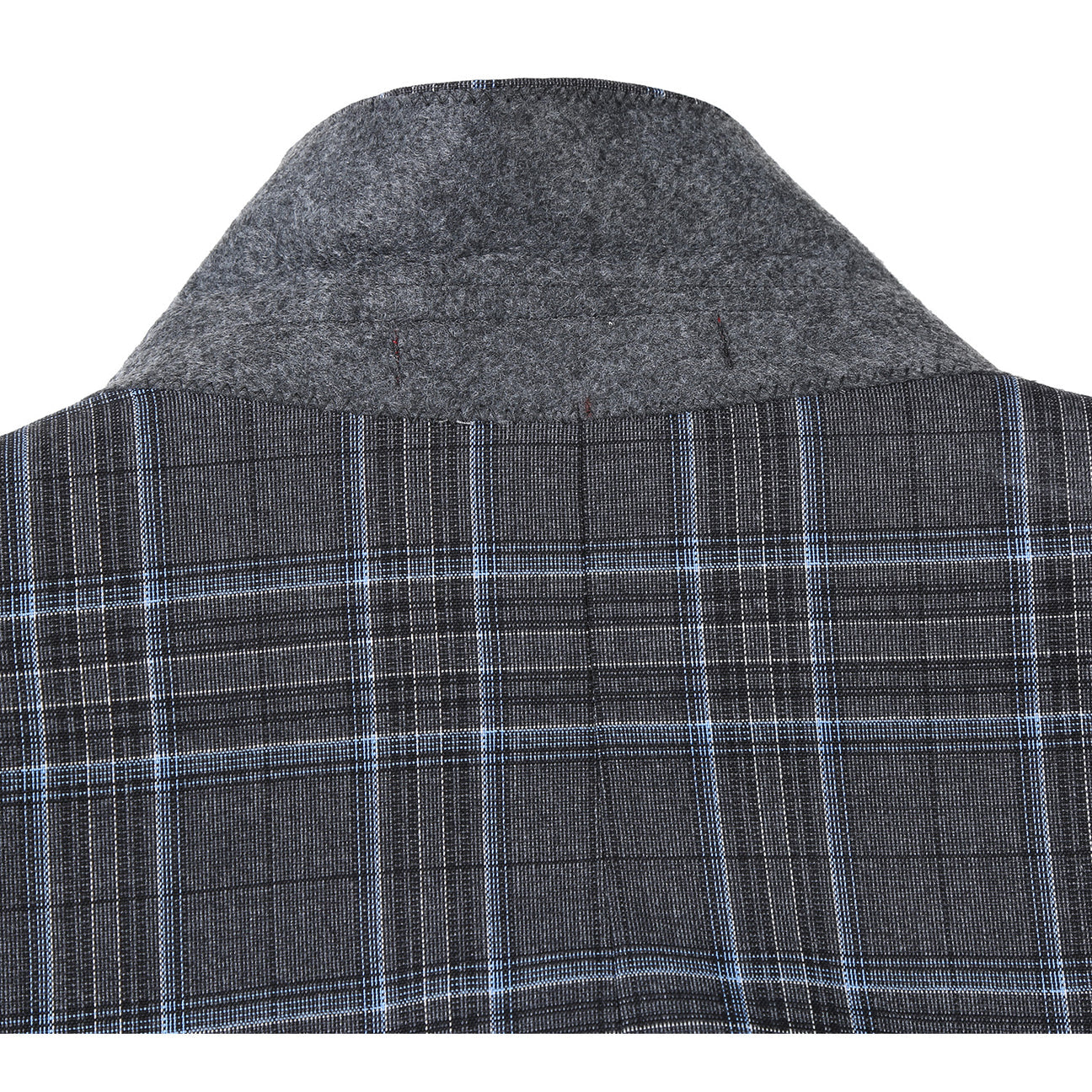 The Alessandro Vitello by Renoir Gray 2-Piece Slim Fit Checked Suit, featuring a single-breasted two-button front, is displayed on a mannequin paired with a white dress shirt and maroon polka dot tie.