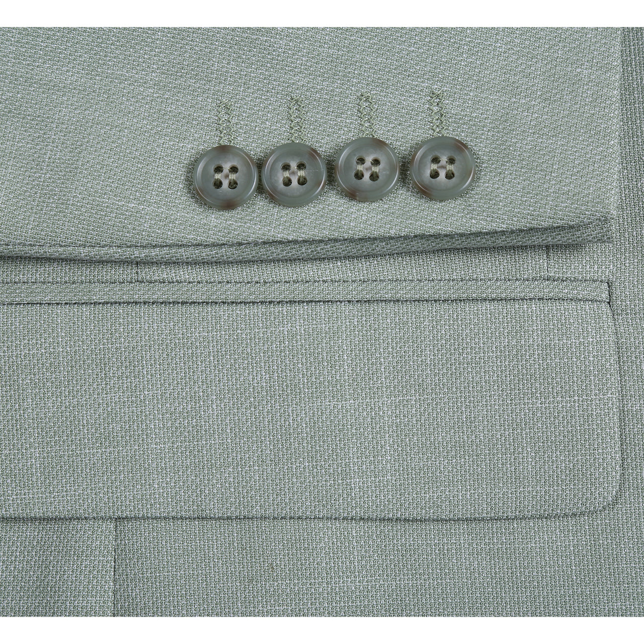 The Alessandro Vitello by Renoir New Slim Fit Light Green Blazer 294-58 is a men's single-breasted jacket with notch lapel, displayed on a mannequin with a white shirt, patterned tie, and matching pocket square.