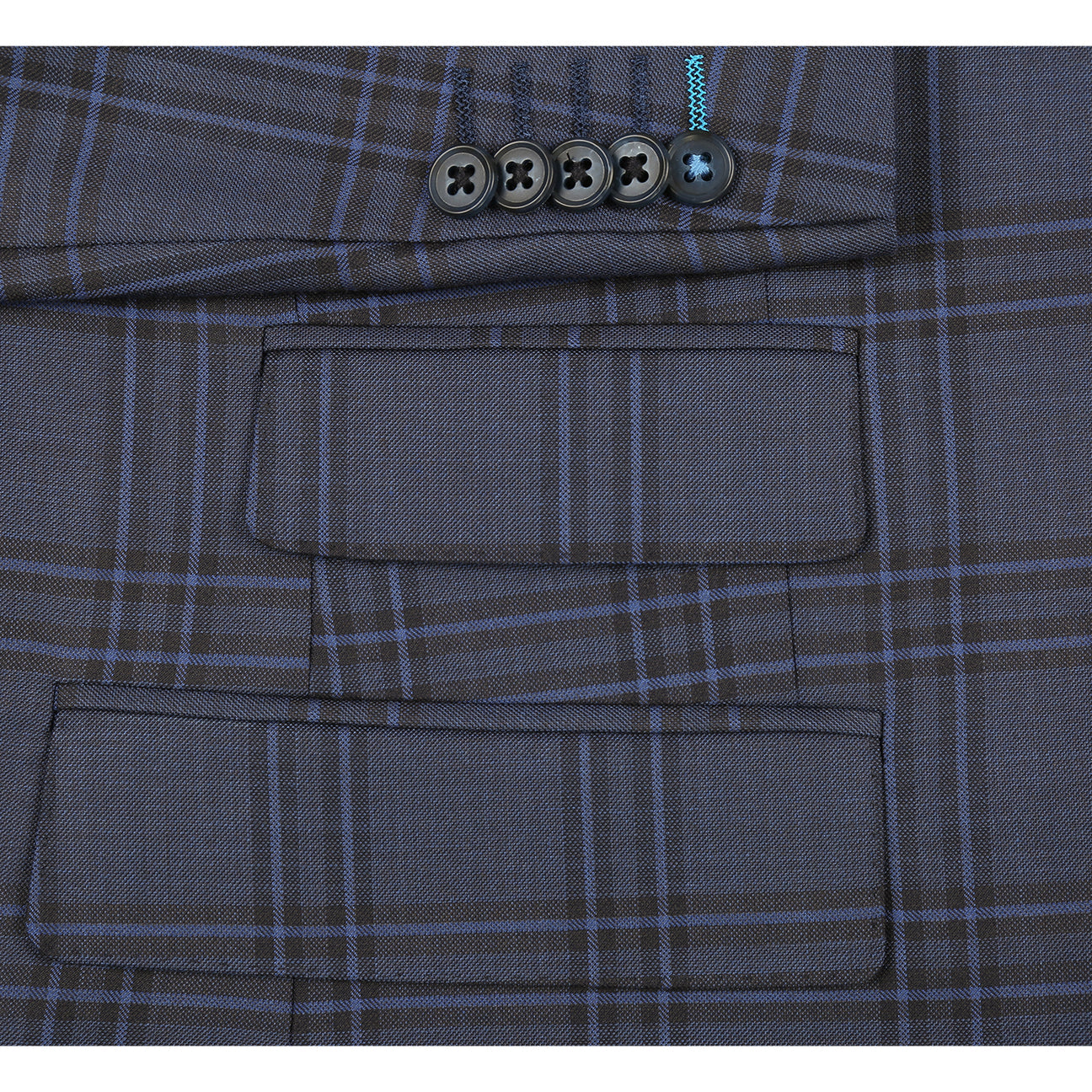 The ENGLISH LAUNDRY Grey Check Suit 12-53-093EL by English Laundry is a men's slim fit grey plaid blazer with two buttons, notched lapels, flap pockets, and a blue tropical-patterned inner lining.