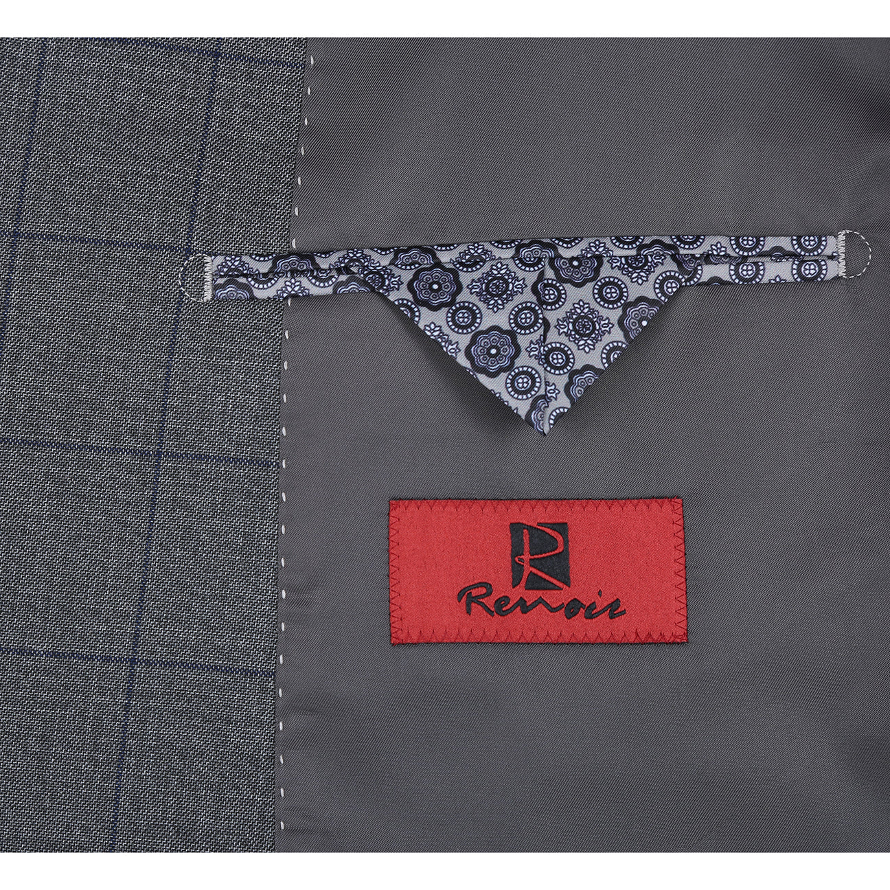 The Alessandro Vitello by Renoir Double-Breasted New Slim Fit Gray Suit 293-44 features a gray plaid design, styled here on a mannequin with a white shirt, maroon polka dot tie, and patterned pocket square for sharp modern elegance.