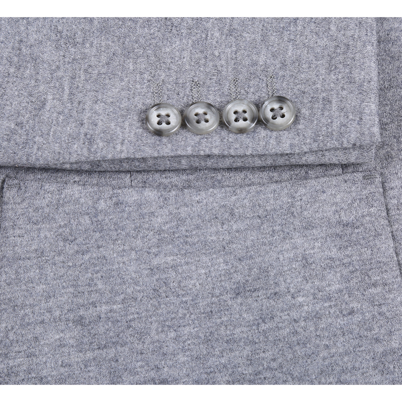 The Pellagio Men's Slim Fit Riserva Jacket Light Gray PF25-20W by Pellagio is displayed on a mannequin with a white dress shirt, striped tie, and patterned pocket square, featuring two front pockets and a modern slim fit.