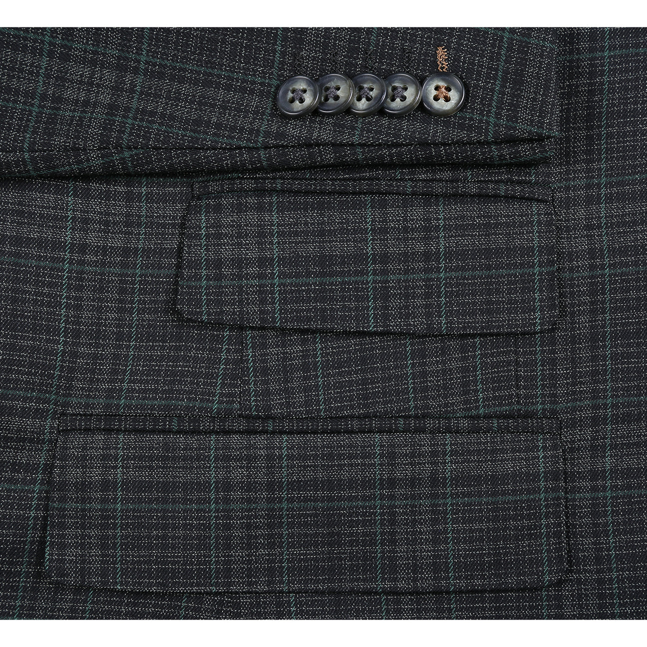 The ENGLISH LAUNDRY 2pc Suit Green 32-24-001EL by English Laundry is a dark plaid men's blazer featuring notch lapels, two-button closure, flap pockets, and a green tropical leaf print lining.