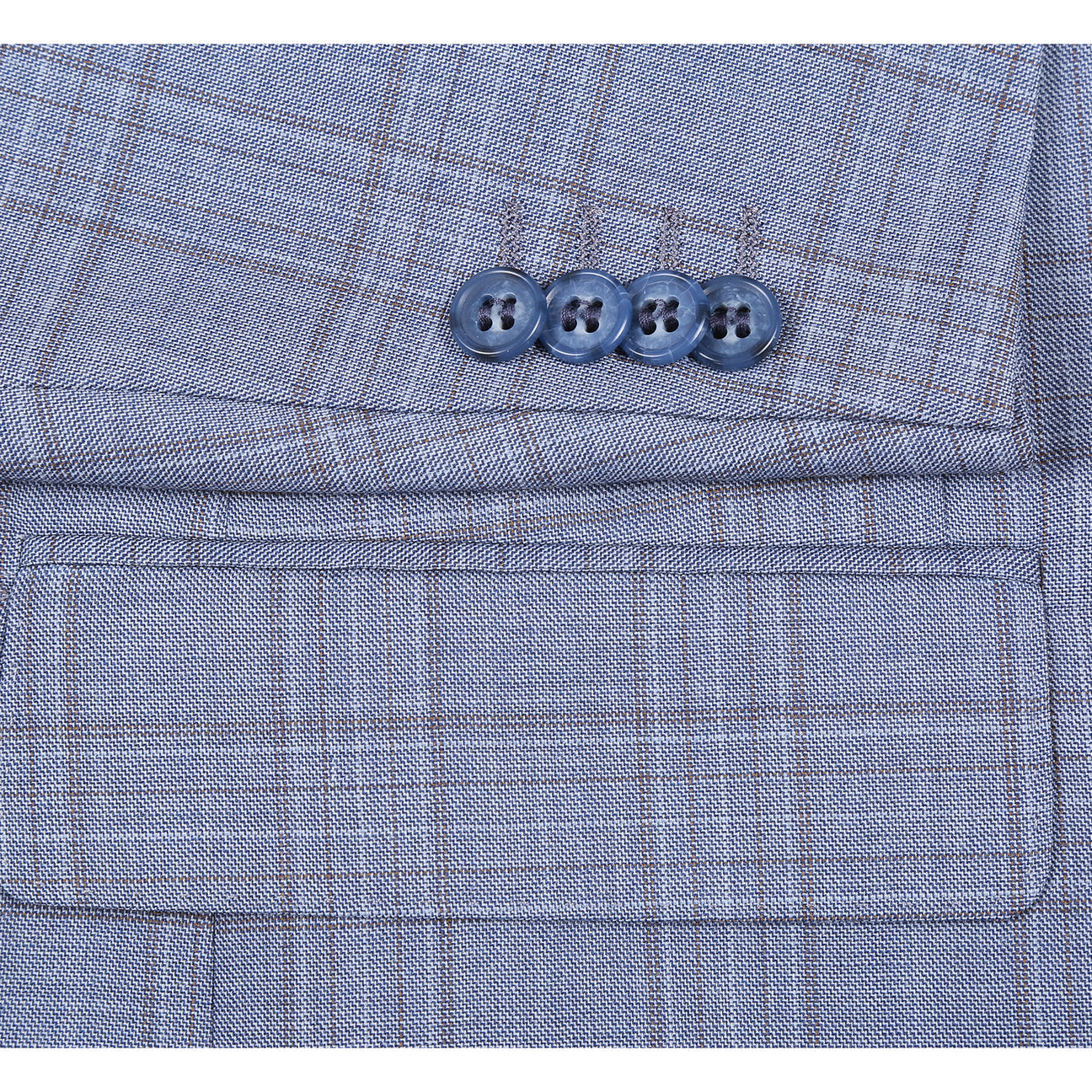 The Renoir Alessandro Vitello by Renoir Classic Fit Wool Blue Suit 568-7, featuring notch lapels, is displayed on a mannequin over a white dress shirt and navy blue patterned tie.