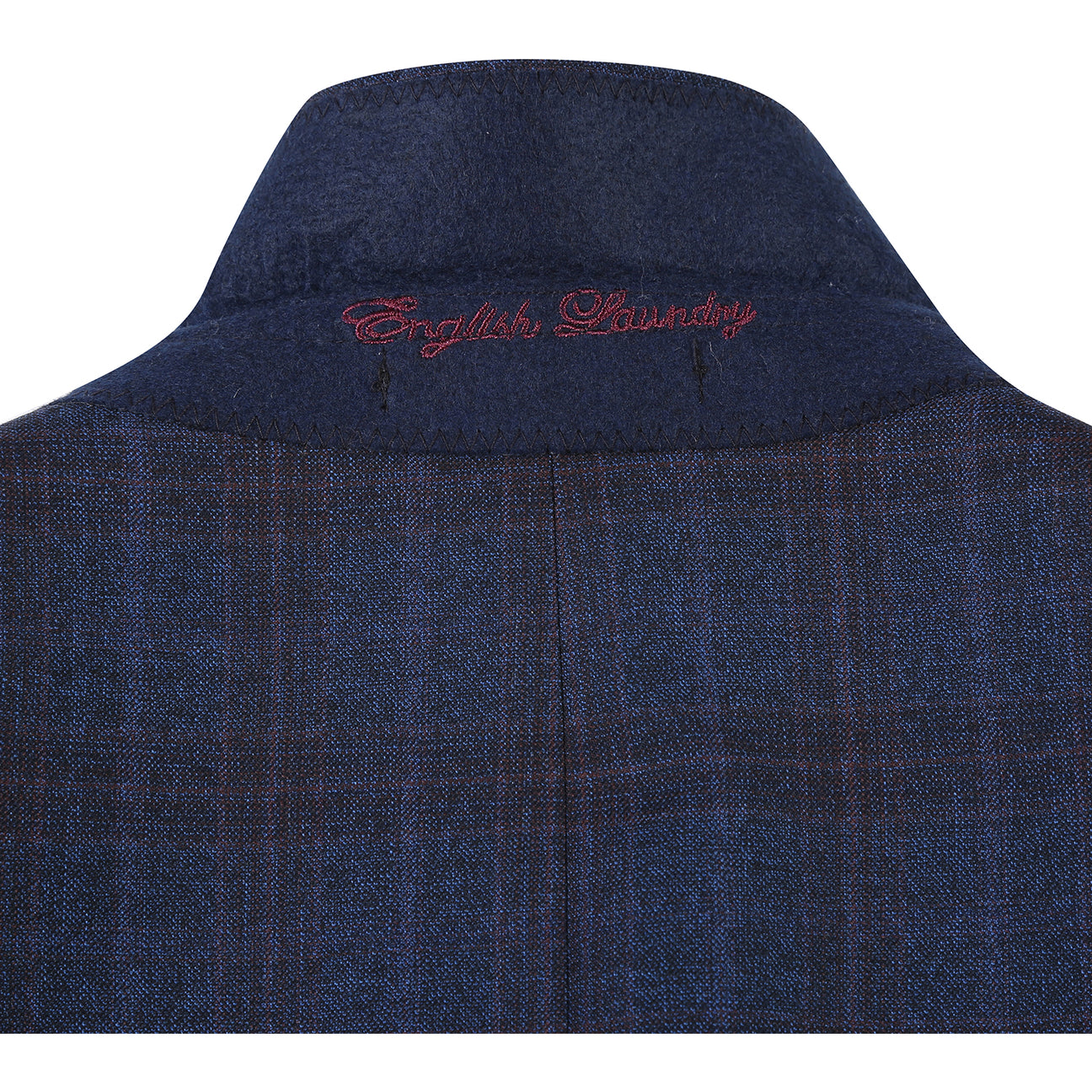 A mannequin wears the English Laundry ENGLISH LAUNDRY Dark Blue Check Suit EL12-55-410 with a white dress shirt and red patterned tie, set against a plain background.