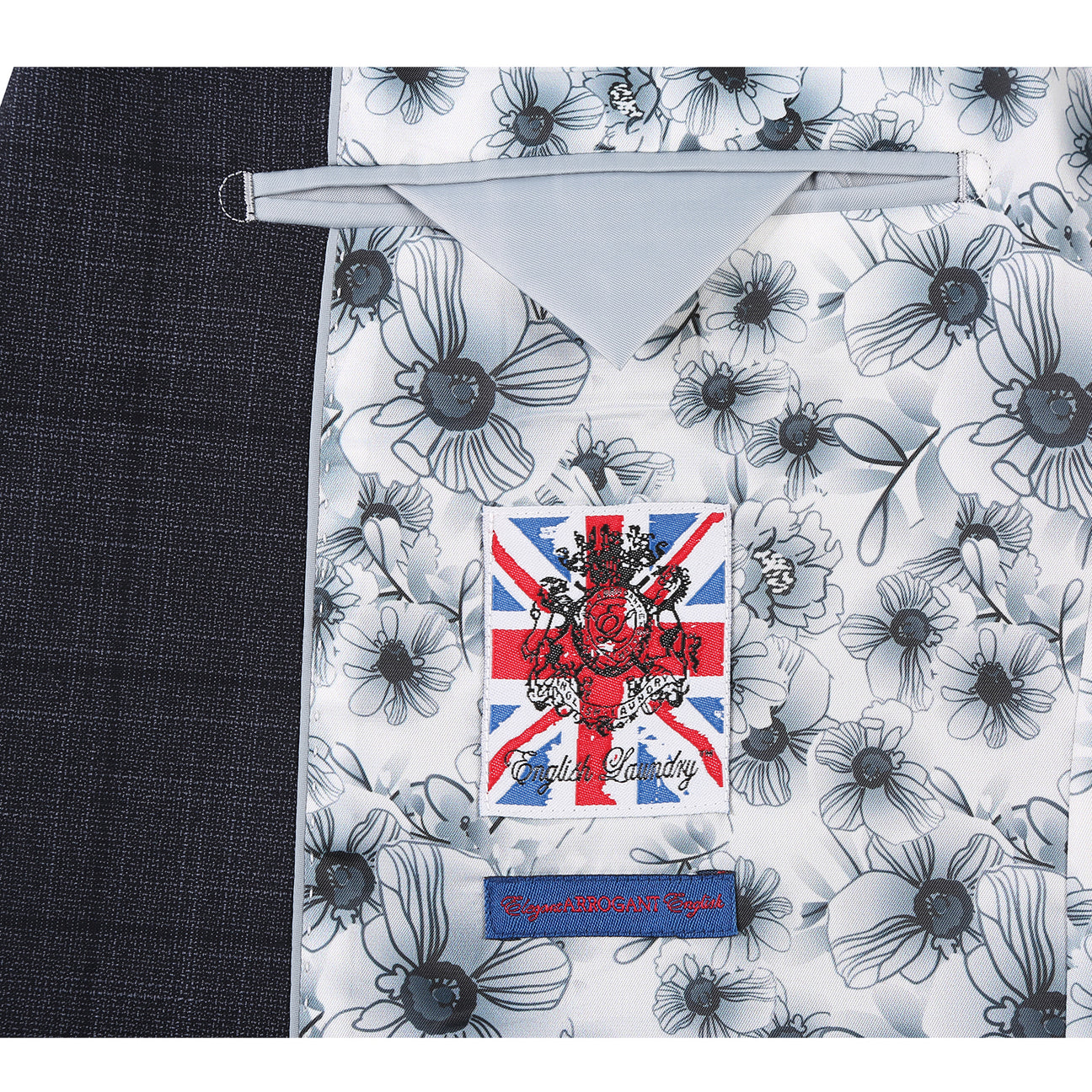 The ENGLISH LAUNDRY Dark Gray Check Suit 22-53-095EL by English Laundry features a slim fit jacket with notch lapels, shown over a white dress shirt and red polka dot tie on a mannequin.