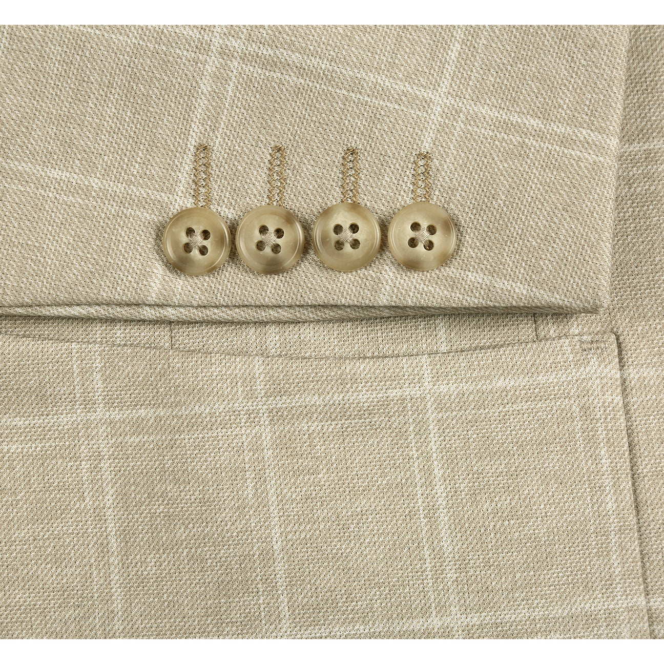 The Pellagio Beige Men's Slim Fit Riserva Jacket PS26-7 features a light check pattern, two buttons, front pockets, and a pocket square. Displayed on a mannequin with a white shirt and striped tie. Brand: Pellagio.