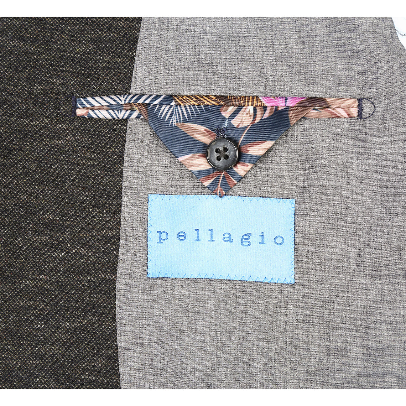 Displayed on a mannequin, the Pellagio Dark Brown Men's Half Canvas Blazer PF24-3 features a classic notched lapel and is paired with a striped tie, white shirt, and patterned pocket square.