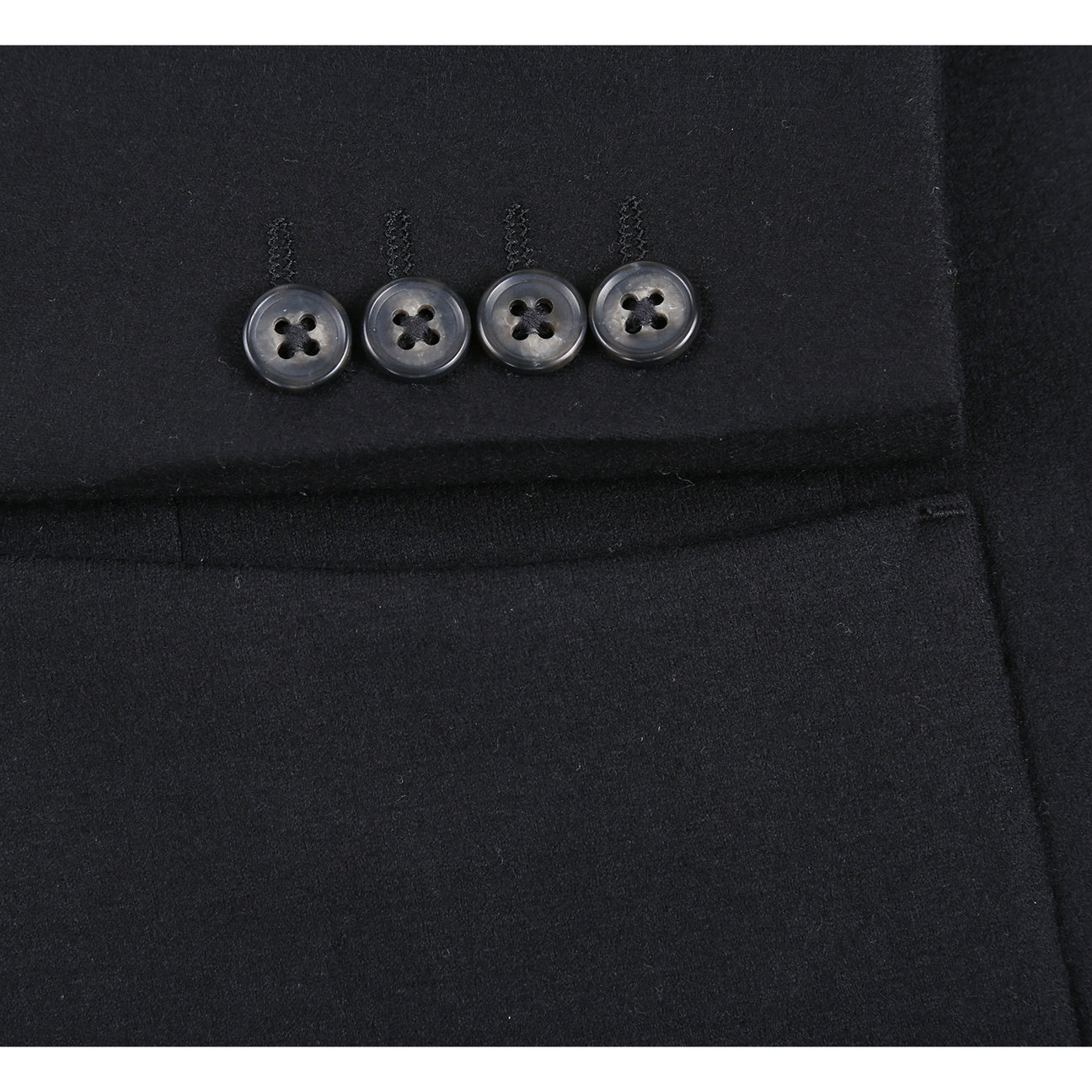 The Pellagio Men's Slim Fit Riserva Jacket Black PF25-17W by Pellagio, styled with a white dress shirt, striped orange tie, and patterned pocket square, is displayed on a headless mannequin.