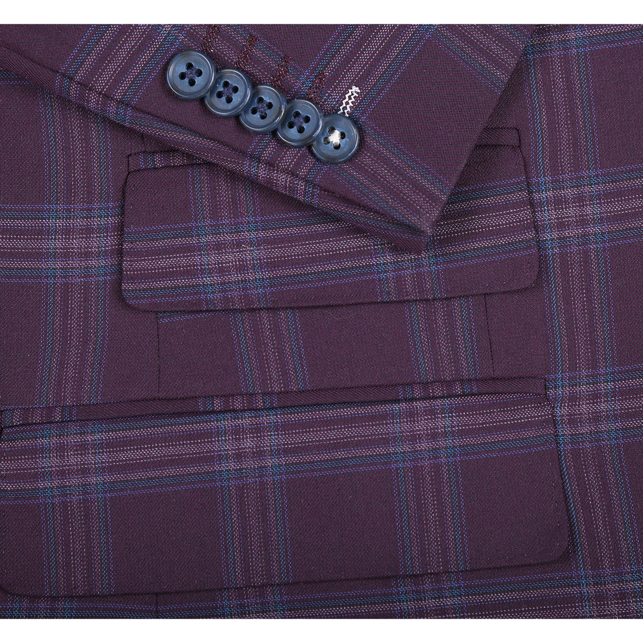 The English Laundry 2pc Suit (Purple, style 32-69-702EL) features a single-breasted jacket with two buttons, notched lapels, flap pockets, and a light blue floral lining.