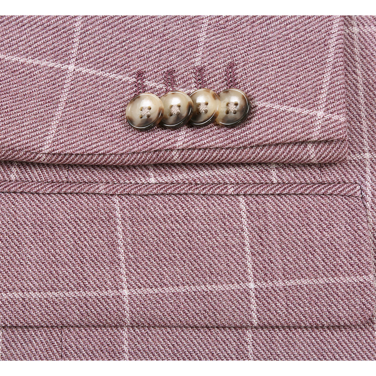 The Renoir Alessandro Vitello by Renoir New Slim Fit Sport Coat 565-16, a mauve checkered 100% wool jacket with notch lapels, is shown on a mannequin with a white shirt, green patterned tie, and pocket square.