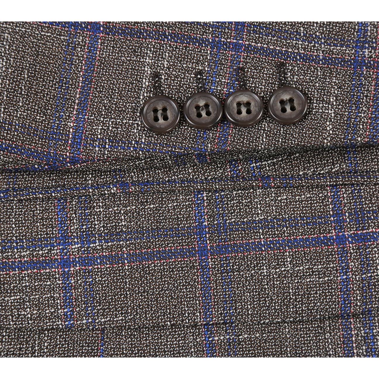 The Renoir Alessandro Vitello Slim Fit Sport Coat 294-29, a gray plaid jacket with purple stripes and a notch lapel, is stylishly displayed on a mannequin with a white dress shirt and orange patterned tie.