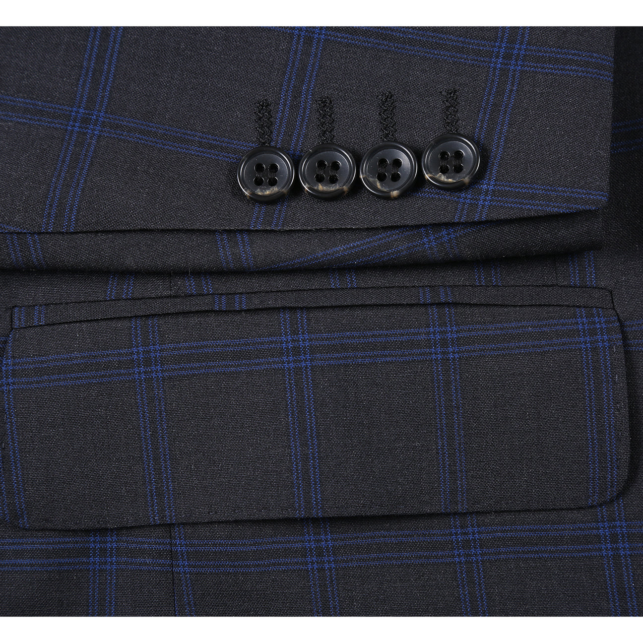 The Alessandro Vitello by Renoir New Slim Fit Wool Dark Gray Suit 566-8 pairs a single-breasted plaid jacket with a white shirt and blue striped tie, displayed on a headless mannequin against a plain background.