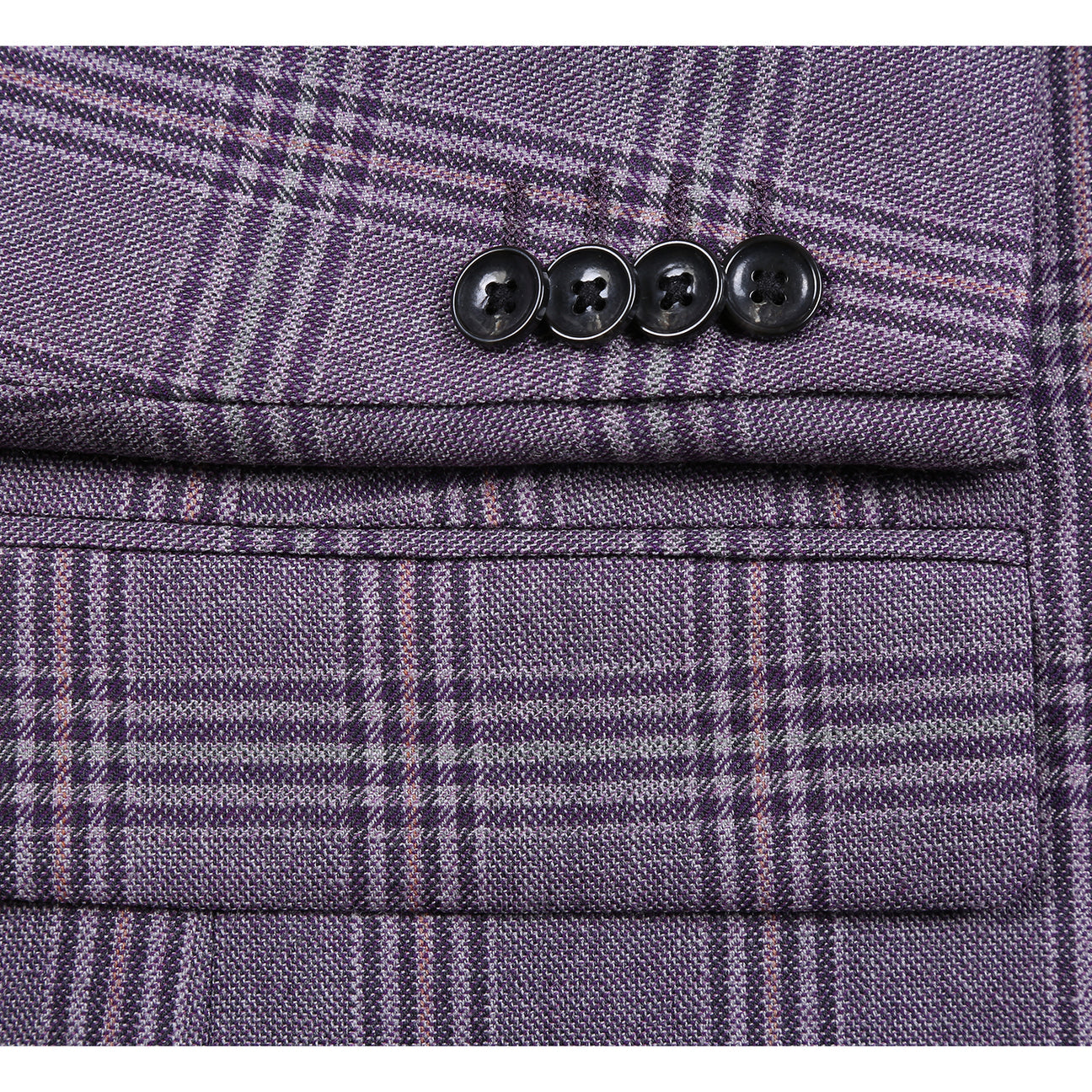 The Alessandro Vitello by Renoir New Slim Fit Wool Purple Blazer 567-2 features a purple plaid design with a notch lapel, shown paired with a white shirt, purple tie, and pocket square; crafted from 100% wool with close-up fabric and label details.
