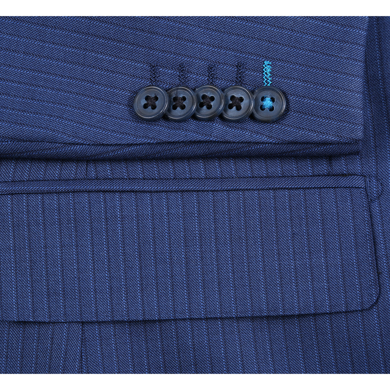 The English Laundry ENGLISH LAUNDRY 2pc Wool Suit Navy EL22-33-411 is a slim fit men's two-button jacket with blue pinstripes, side pockets, and a patterned inner lining, shown on a white background.