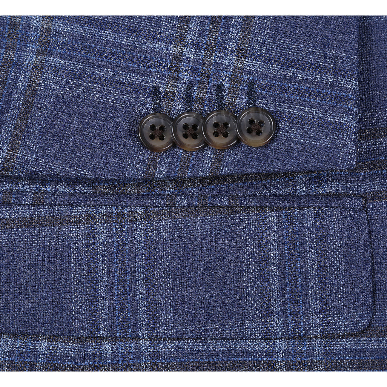 The Alessandro Vitello by Renoir New Slim Fit Wool Navy Blazer 567-17, featuring a notch lapel and pocket square, is styled with a white shirt and striped necktie on a mannequin.