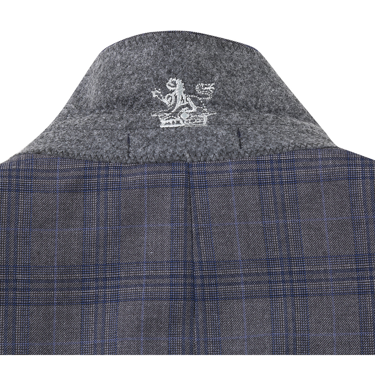 The ENGLISH LAUNDRY Gray Check Suit 22-57-500EL by English Laundry, a slim fit plaid jacket with a single black button, is shown over a white shirt and black tie on a headless mannequin against a white background.