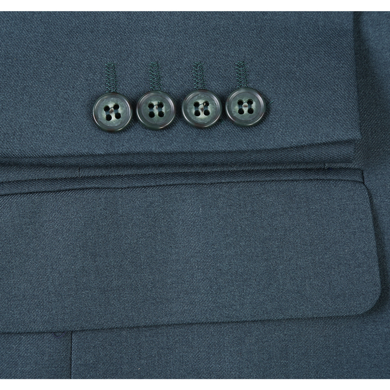 The Renoir Alessandro Vitello 2-Piece New Slim Fit Forest Green Suit (201-13) is shown over a white dress shirt with a blue striped tie, displayed on a mannequin against a white background.