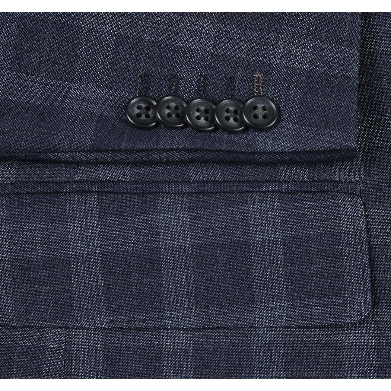 Displayed on a mannequin is the ENGLISH LAUNDRY Iron Gray Check Suit 92-52-410EL from English Laundry, featuring a slim fit jacket paired with matching pants, complemented by a white dress shirt and a patterned tie.