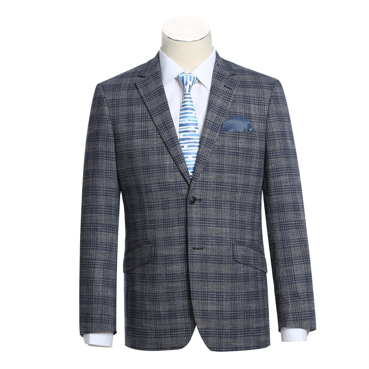 The Alessandro Vitello by Renoir Slim Fit Stretch Checked Blazer Gray 294-13, a single-breasted gray plaid blazer with notch lapels and two buttons, is elegantly styled on a mannequin with a white dress shirt, blue striped tie, and matching pocket square.