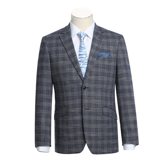 The Alessandro Vitello by Renoir Slim Fit Stretch Checked Blazer Gray 294-13, a single-breasted gray plaid blazer with notch lapels and two buttons, is elegantly styled on a mannequin with a white dress shirt, blue striped tie, and matching pocket square.