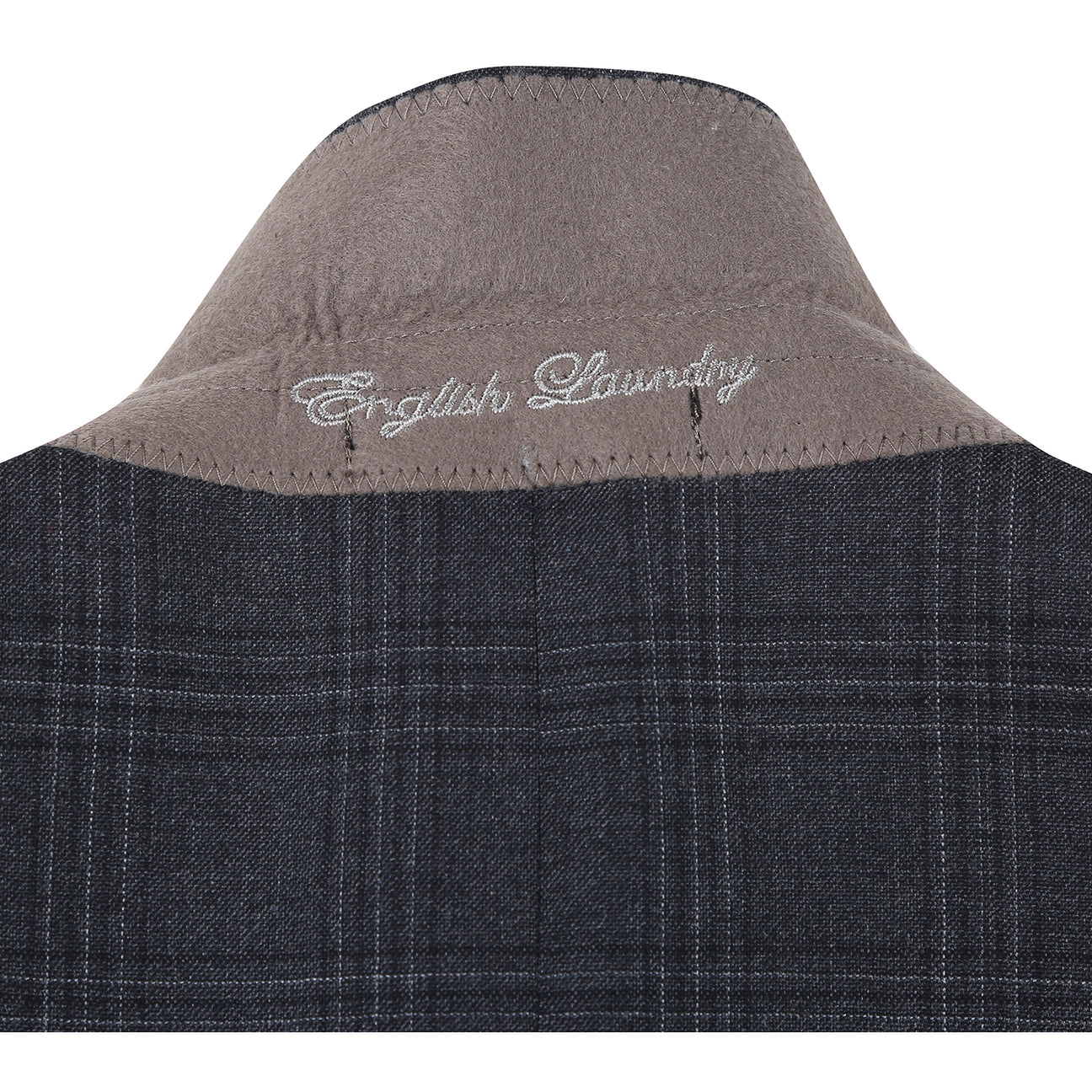 The ENGLISH LAUNDRY Dark Gray Check Suit EL12-58-095 by English Laundry is shown on a mannequin, styled with a white dress shirt and striped tie for a timeless men's suit ensemble.