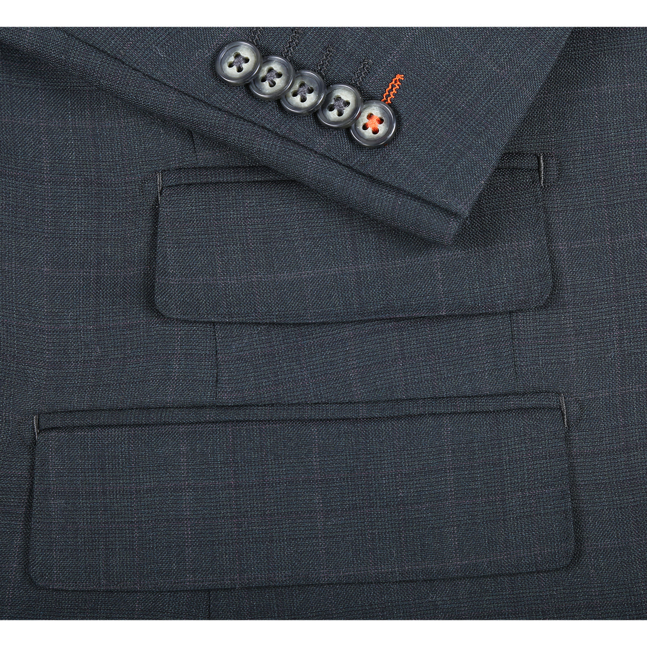 The ENGLISH LAUNDRY 2pc Wool Suit Olive EL22-58-341 by English Laundry features a slim fit jacket in olive wool with two buttons, subtle patterning, and a distinctive inner lining with colorful floral designs.