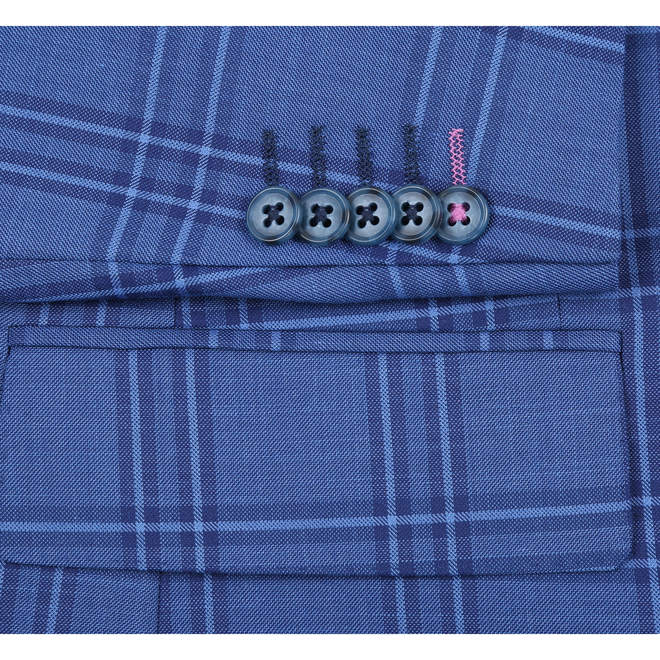 The ENGLISH LAUNDRY Blue Check Suit 12-63-411EL by English Laundry is a slim fit blue plaid blazer with two-button closure, notch lapels, front pockets, and a colorful floral lining, shown on a white background.