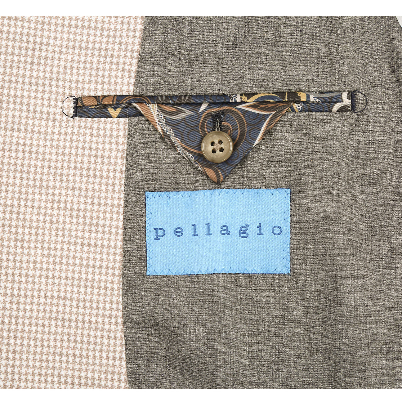 The Pellagio Men's Half Canvas Blazer Beige PS25-10 is displayed on a mannequin with a notched lapel, styled with a white dress shirt, brown patterned tie, and pocket square.
