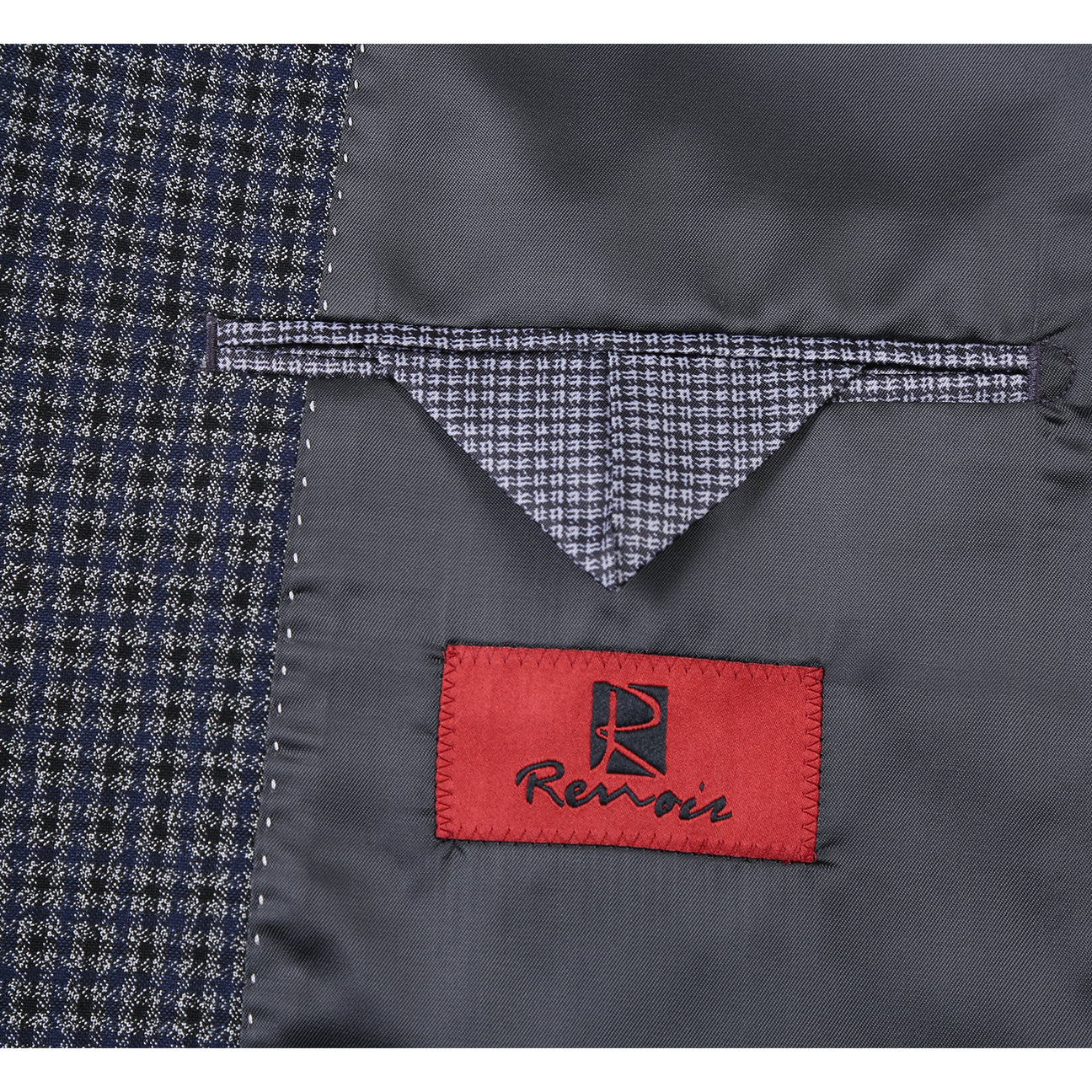 The Alessandro Vitello by Renoir New Slim Fit Brown Blue Blazer 294-38, featuring a modern design, is displayed on a mannequin over a white dress shirt and striped tie.