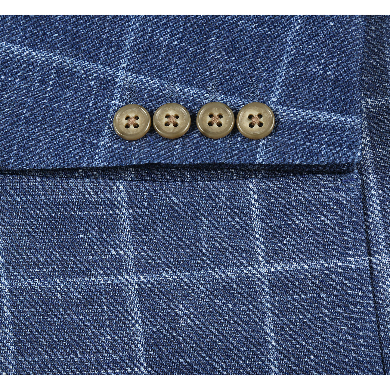 The Pellagio Riserva JKT Blazer PS25-6 by Pellagio is a blue plaid slim fit blazer with notched lapel, single button closure, and chest pocket with pocket square, styled over a white shirt and striped tie on a mannequin.