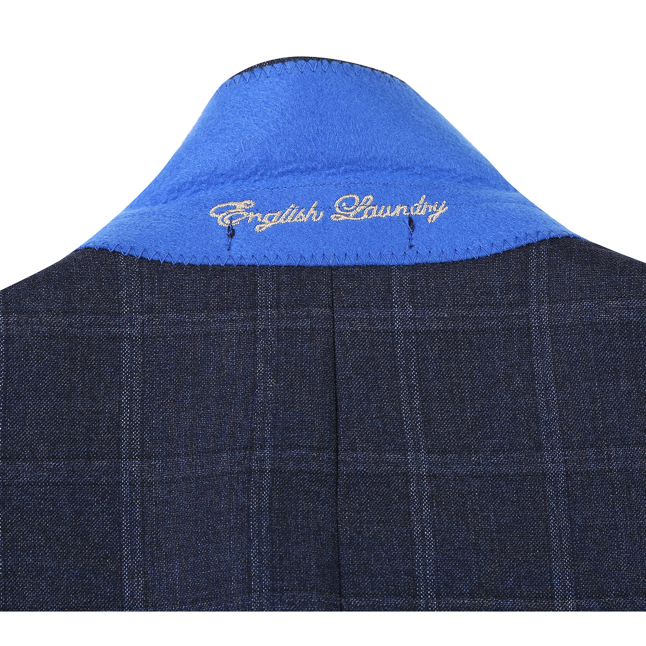 The ENGLISH LAUNDRY Navy Check Suit EL12-52-412 by English Laundry features a modern slim fit, shown here styled on a mannequin with a white dress shirt and striped tie for a sharp contemporary look.