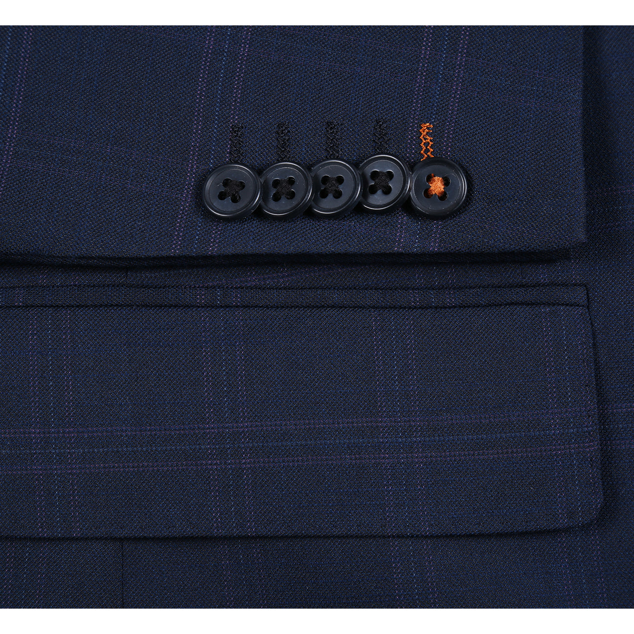 The ENGLISH LAUNDRY 2pc Suit Navy 32-55-410EL by English Laundry features a navy blue plaid blazer with single button closure, front pockets, and blue paisley inner lining in a comfy polyester-rayon-spandex blend, shown on a white background.