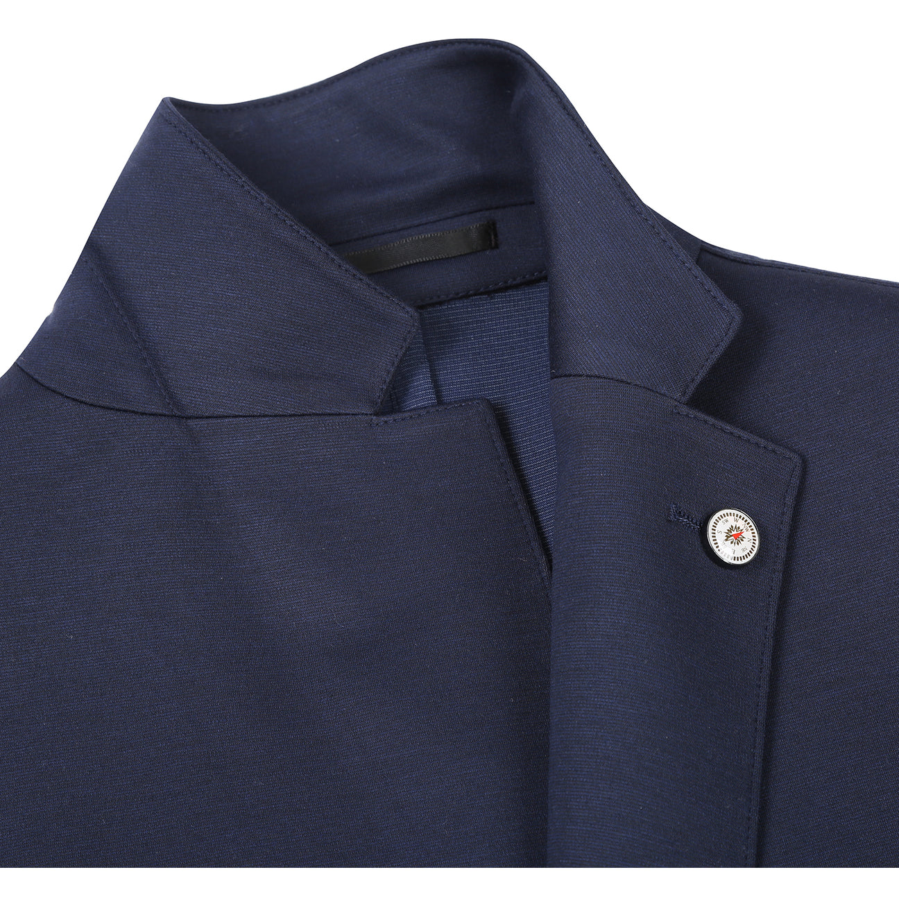 The mannequin wears a Pellagio Midnight Navy Men's Half Canvas Suit PF24-16, featuring a notched lapel, slim fit, and two buttons, paired with a white shirt and red patterned tie.
