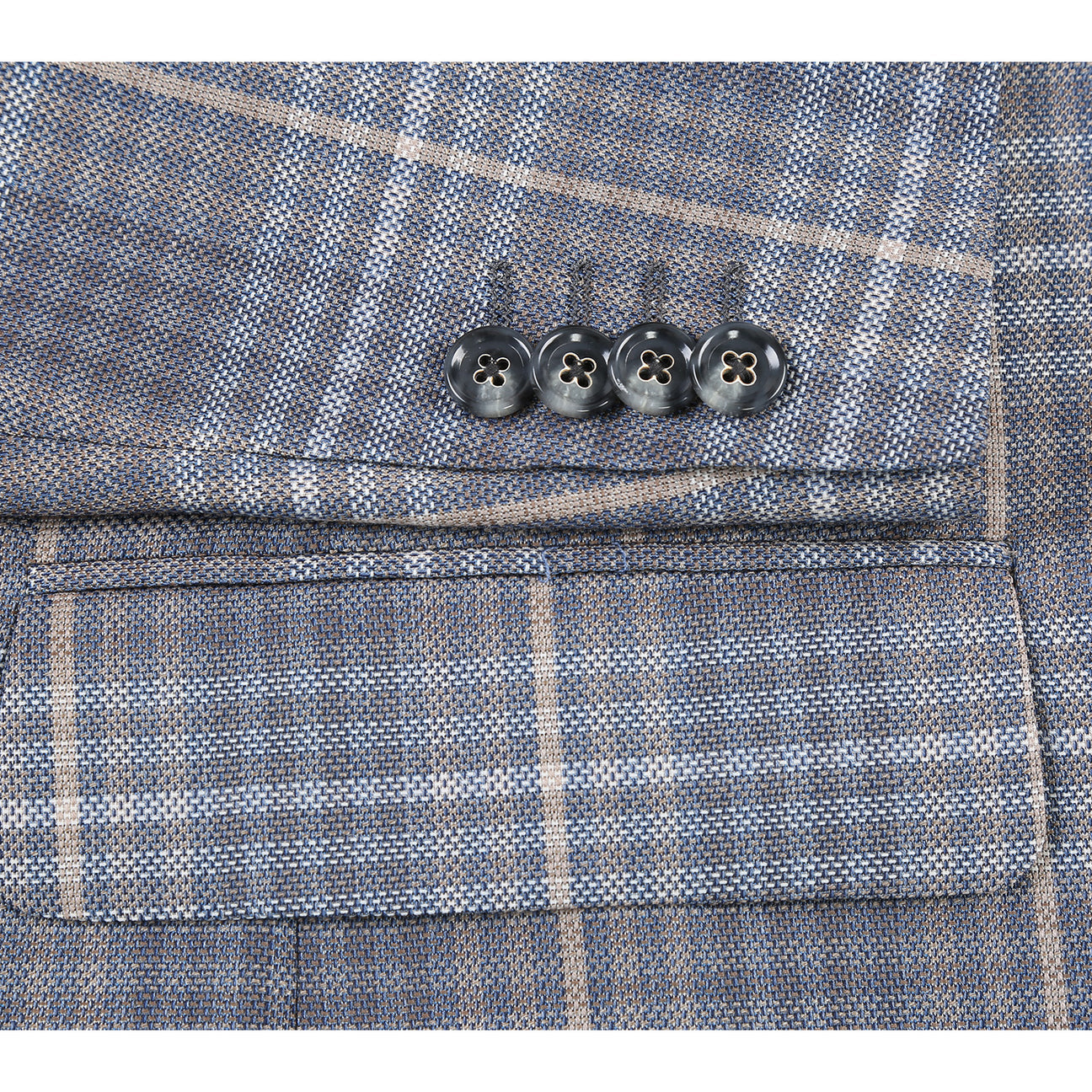 The Alessandro Vitello by Renoir New Slim Fit Sport Coat 565-3, a gray plaid wool-blend design with a notch lapel and side vents, is paired with a white dress shirt, brown patterned tie, and an orange pocket square.