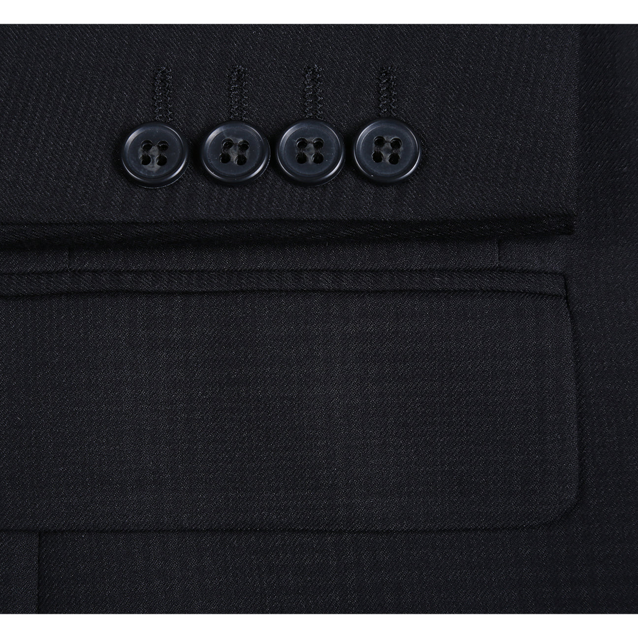 The Alessandro Vitello by Renoir New Slim Fit Black Suit 293-57 by Renoir is displayed on a mannequin with a black single-breasted jacket, white dress shirt, patterned tie, and pocket square.