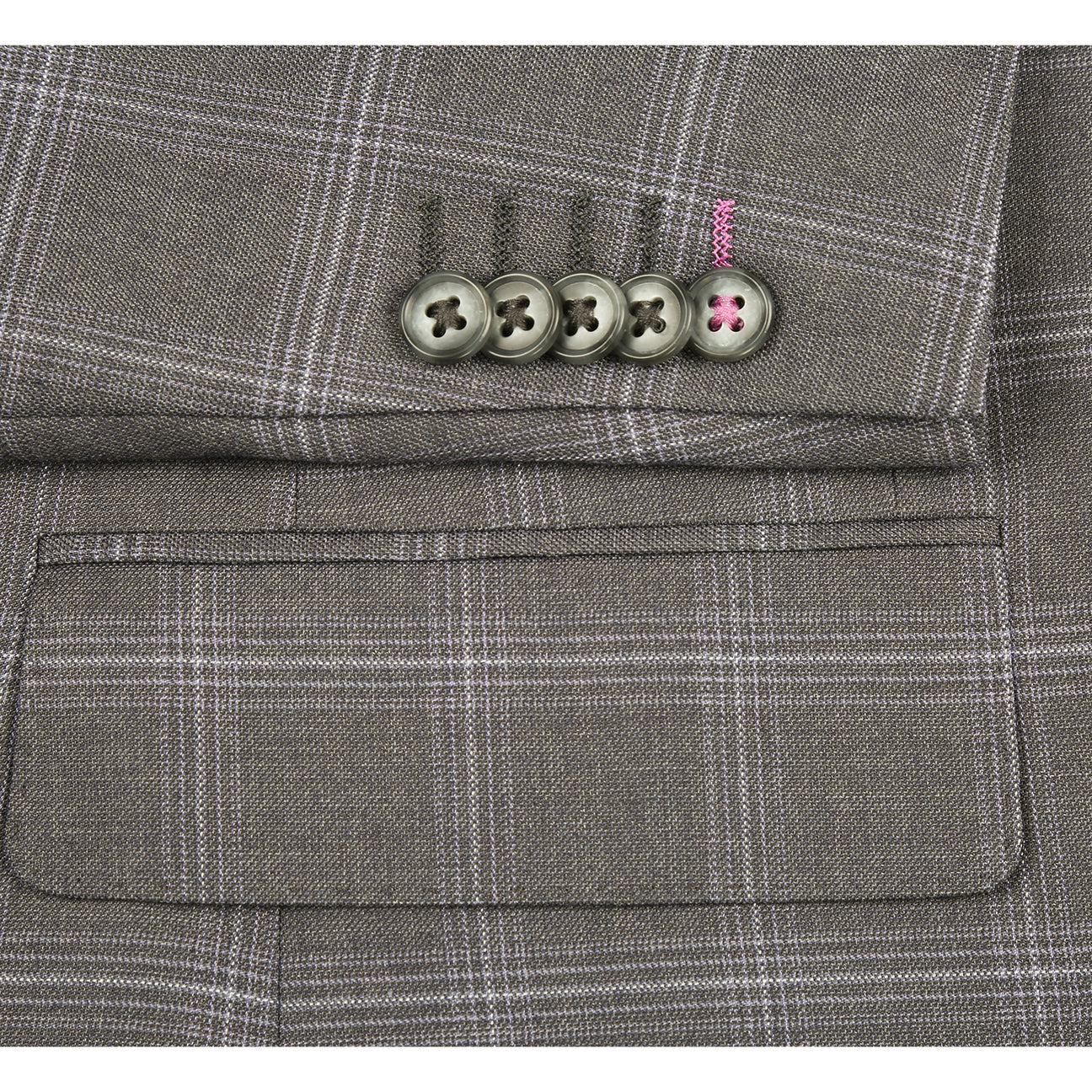 The ENGLISH LAUNDRY Grey Check Suit 12-55-095EL by English Laundry is a slim fit gray plaid blazer with notch lapels, two front flap pockets, and a colorful floral inner lining, shown on a white background.