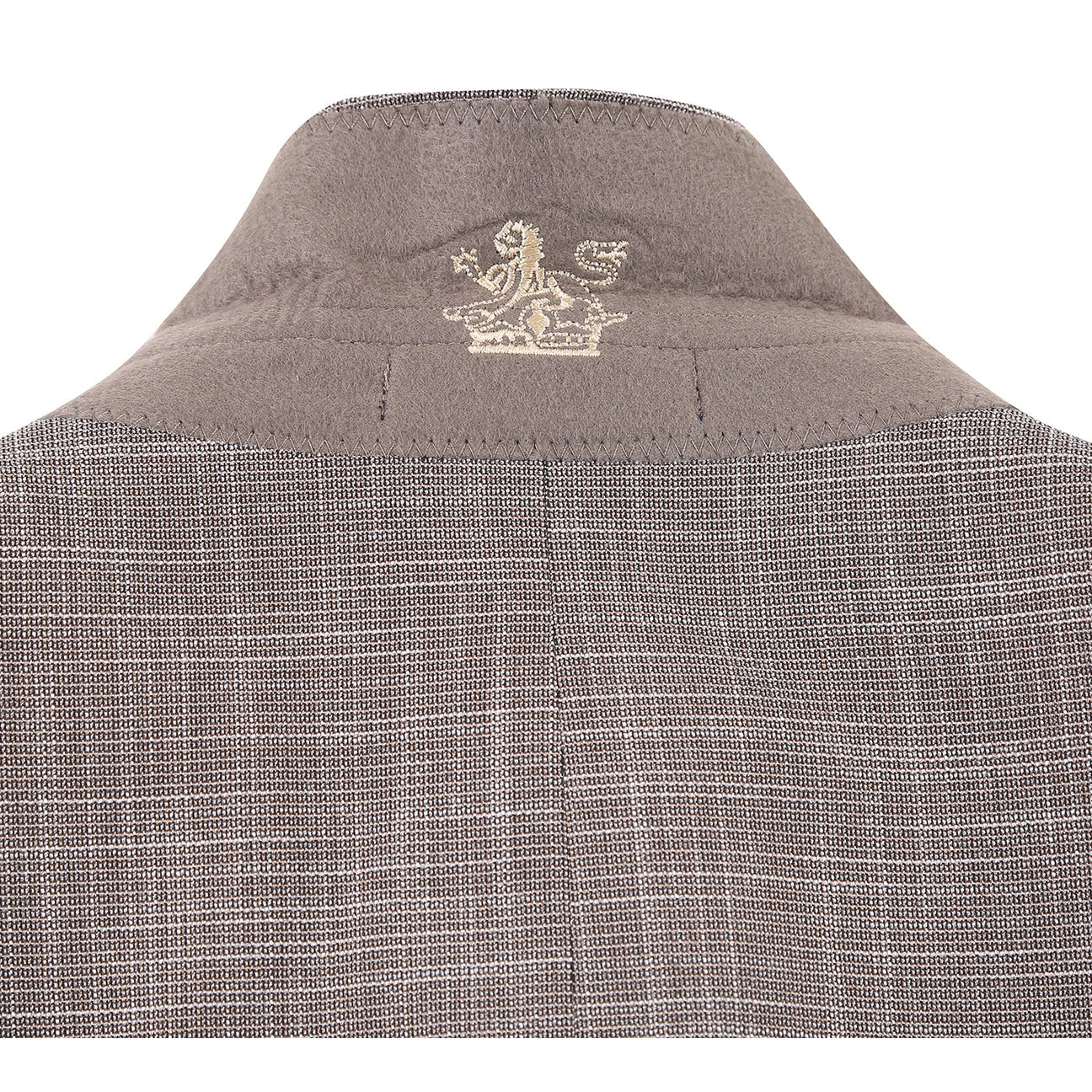 The ENGLISH LAUNDRY Brown Check Suit 22-18-652EL by English Laundry is a slim fit blazer with notch lapels, two-button closure, and patch pockets, shown over a white dress shirt and blue striped tie on a mannequin.