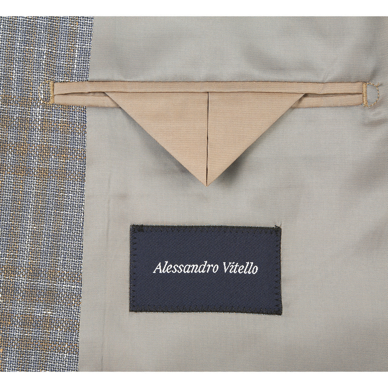 The Renoir Alessandro Vitello Classic Fit Wool Gray Brown Blazer 565-13 is displayed on a mannequin with a notch lapel, matching vest, white dress shirt, beige patterned tie, and pocket square.