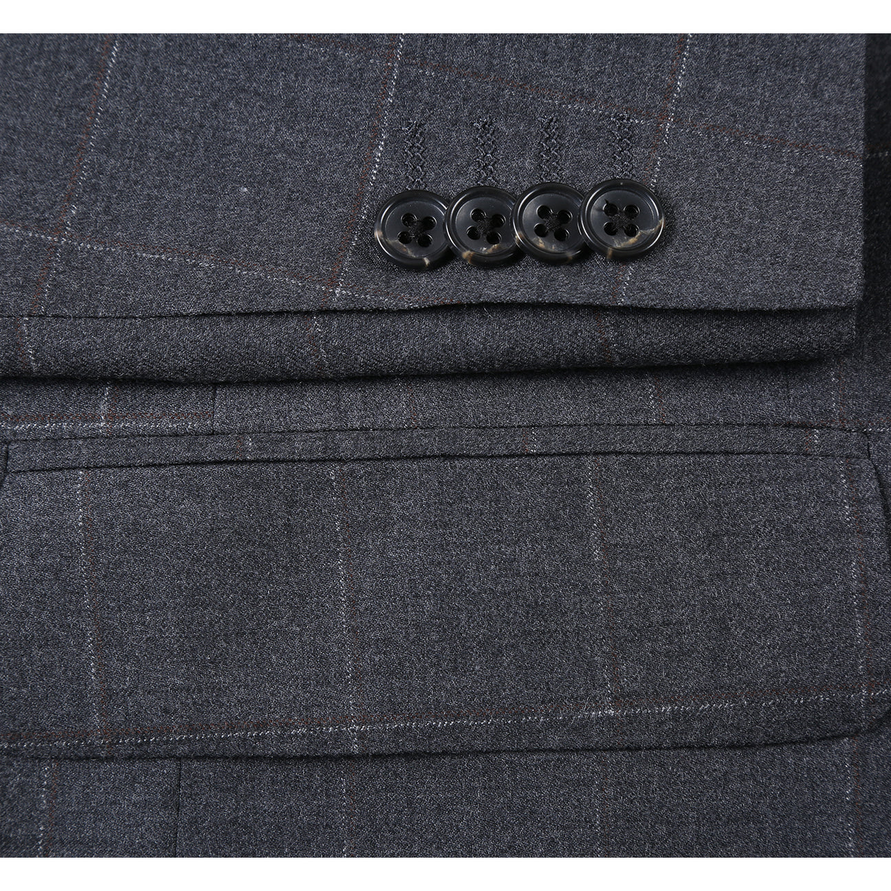 The Renoir Alessandro Vitello Classic Fit Wool Gray Suit 566-6 features a dark gray plaid jacket, paired with a white shirt and blue patterned tie, shown on a mannequin—ideal for those seeking a timeless men's single-breasted suit.