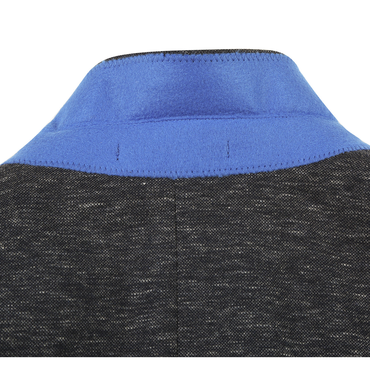 The Pellagio Men's Half Canvas Blazer Gray Blue PF24-1, a slim fit with notched lapel, is showcased on a mannequin with a white shirt, striped tie, and colorful pocket square.