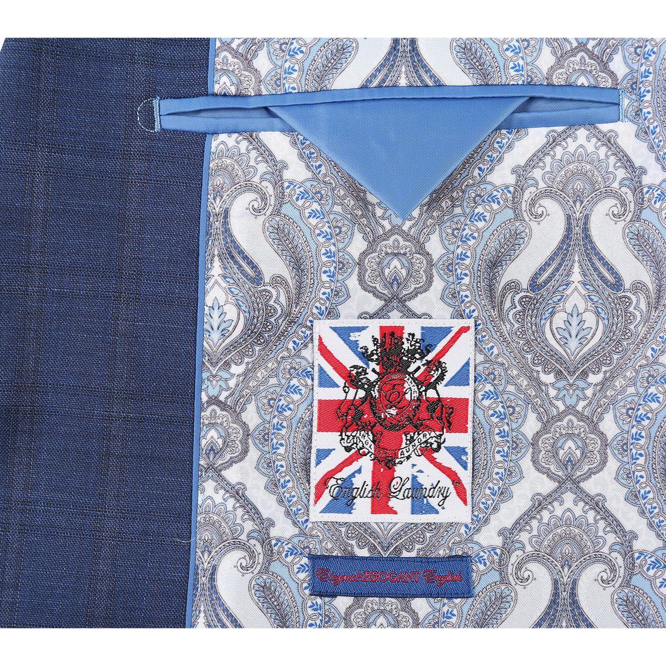 The ENGLISH LAUNDRY Blue Check Suit 22-52-402EL by English Laundry features a slim fit jacket with notch lapels and two-button closure, shown with a white dress shirt and red patterned tie on a mannequin.