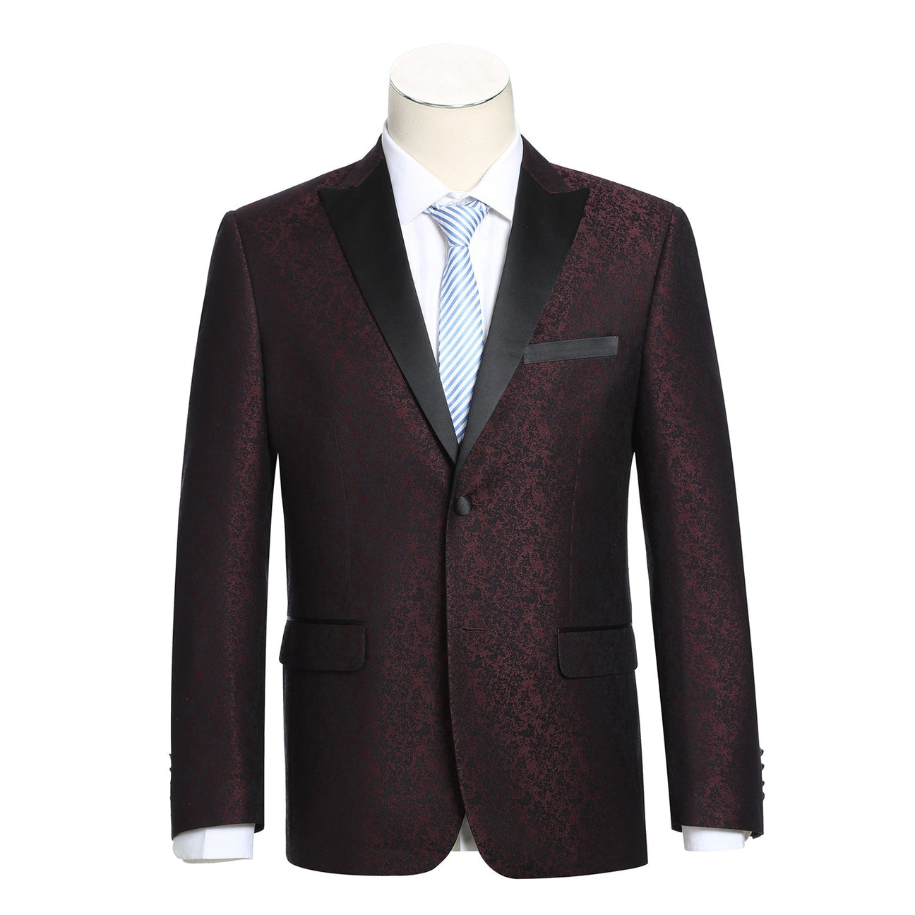 Close-up of the Renoir Alessandro Vitello Slim Fit Burgundy Tuxedo Blazer 290-5, featuring a black lapel, red patterned fabric, red inner lining, and an "Italy Style" label inside the collar.
