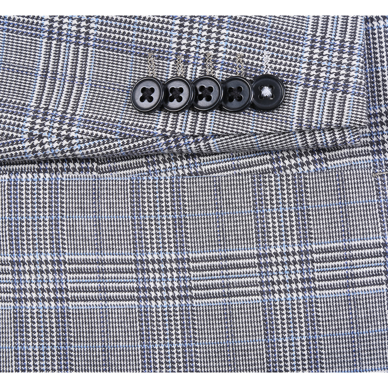 English Laundry 2pc Suit Light Gray 32-50-002EL: Men’s slim-fit single-breasted grey plaid blazer with two-button closure, two front pockets, and a blue patterned lining—versatile for any modern wardrobe. Displayed on a white background.