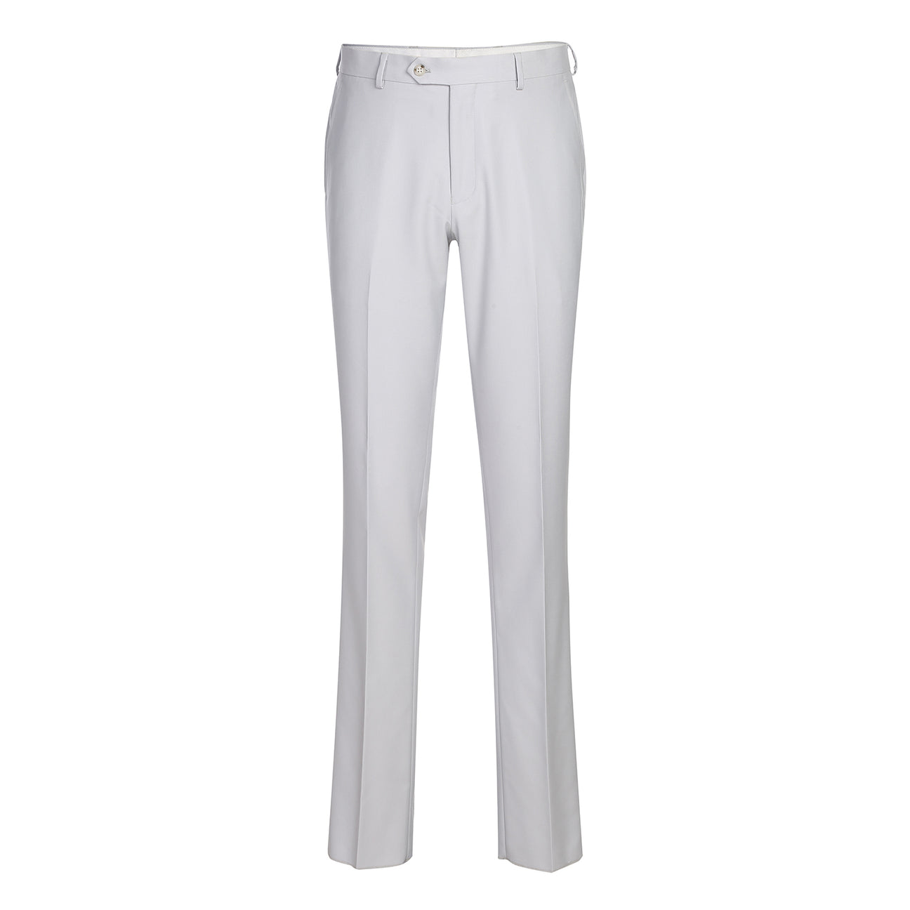 The Alessandro Vitello by Renoir 2-Piece Slim Fit Suit in Perl Gray features a single-breasted notch lapel jacket, shown on a mannequin with a white shirt, brown and pink striped tie, and dotted pocket square for lightweight comfort.