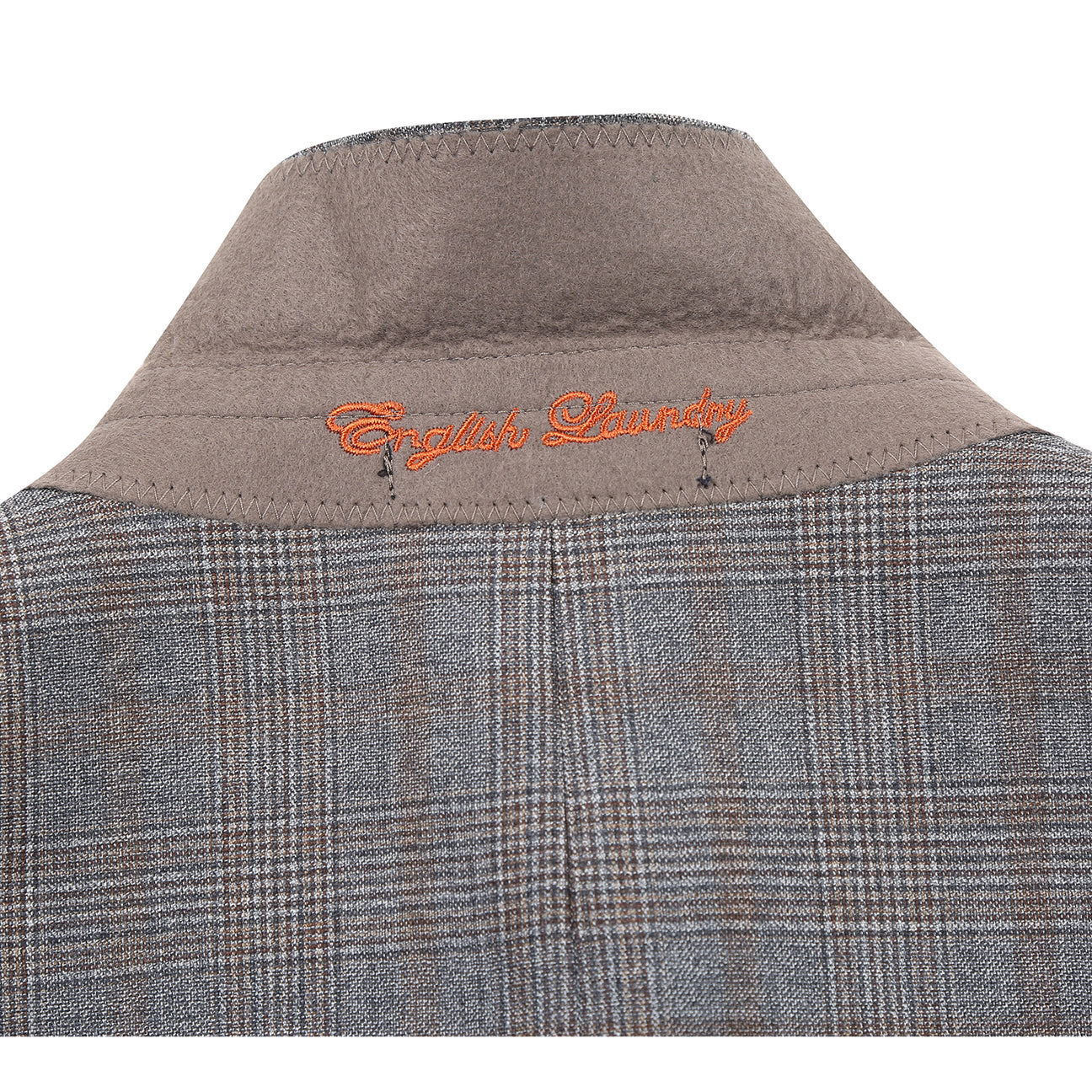 The ENGLISH LAUNDRY Double-breasted Gray Check Suit EL12-60-093 by English Laundry is showcased on a mannequin, styled with a white dress shirt and a red tie.