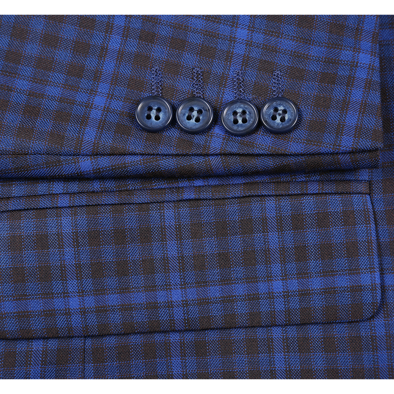 A mannequin is styled in the Renoir Alessandro Vitello New Slim Fit Blazer Blue 294-49, featuring a crisp white shirt, a striped tie, and a patterned pocket square. The sophisticated notch lapel adds an elegant touch.