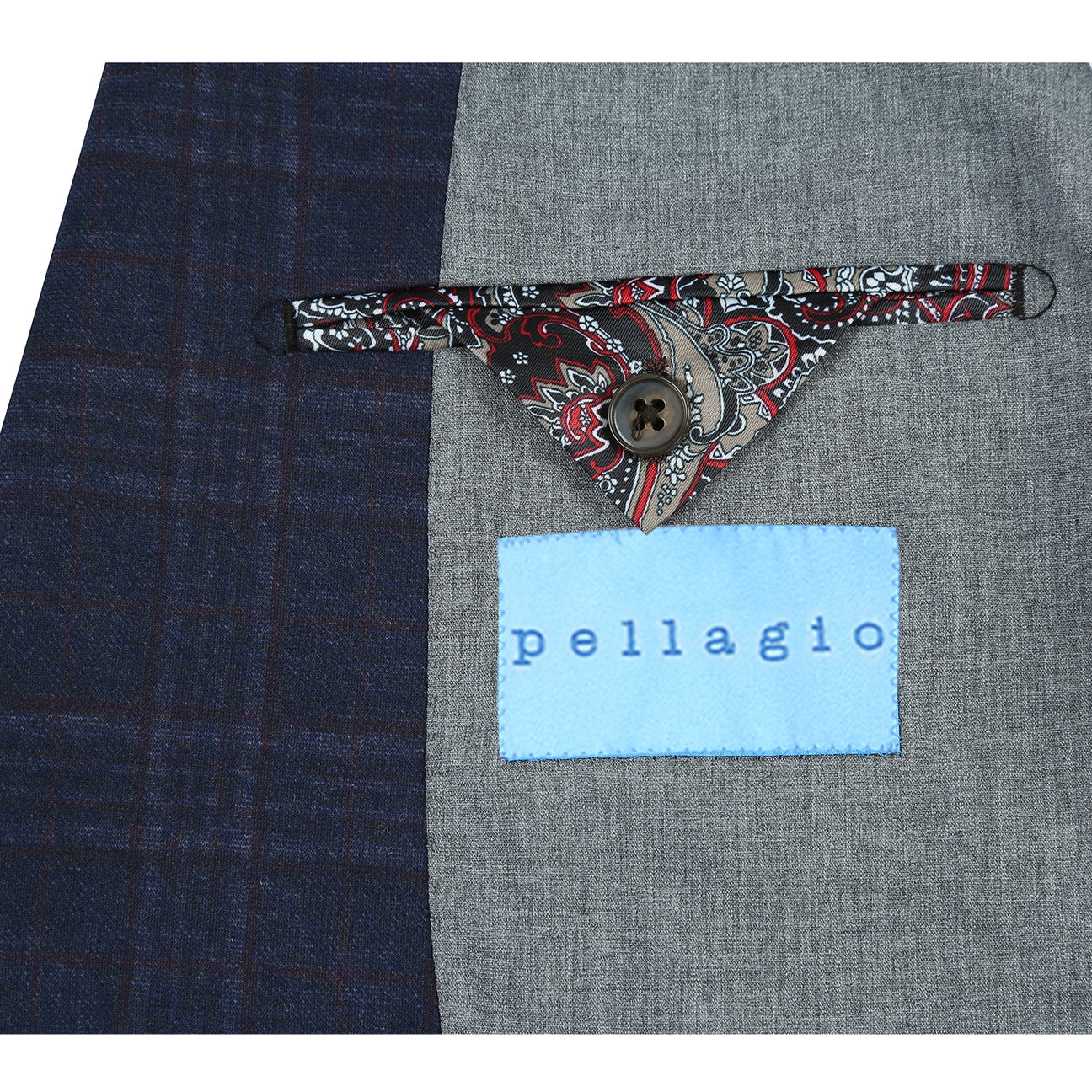 A mannequin dressed in a Pellagio Men's Half Canvas Navy Blazer PF23-14, styled with a white shirt, polka-dot tie, and a patterned pocket square.