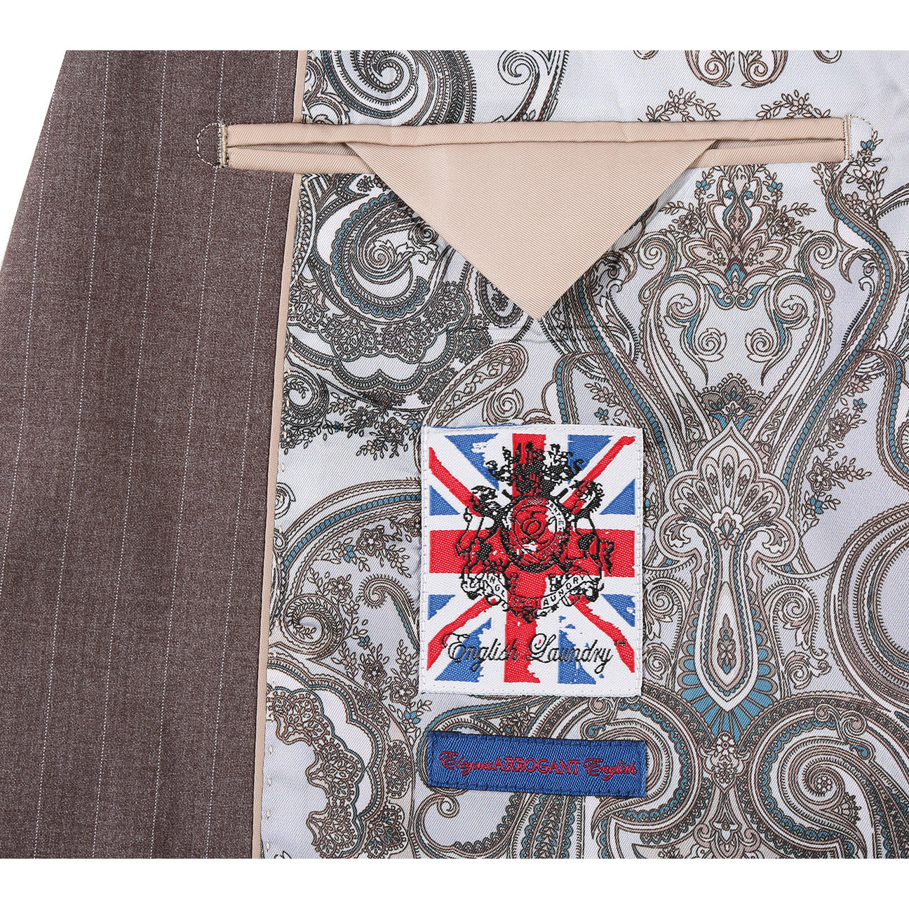 A mannequin displays the ENGLISH LAUNDRY Gray Check Suit 22-30-500EL by English Laundry, styled over a white dress shirt and an orange patterned tie.